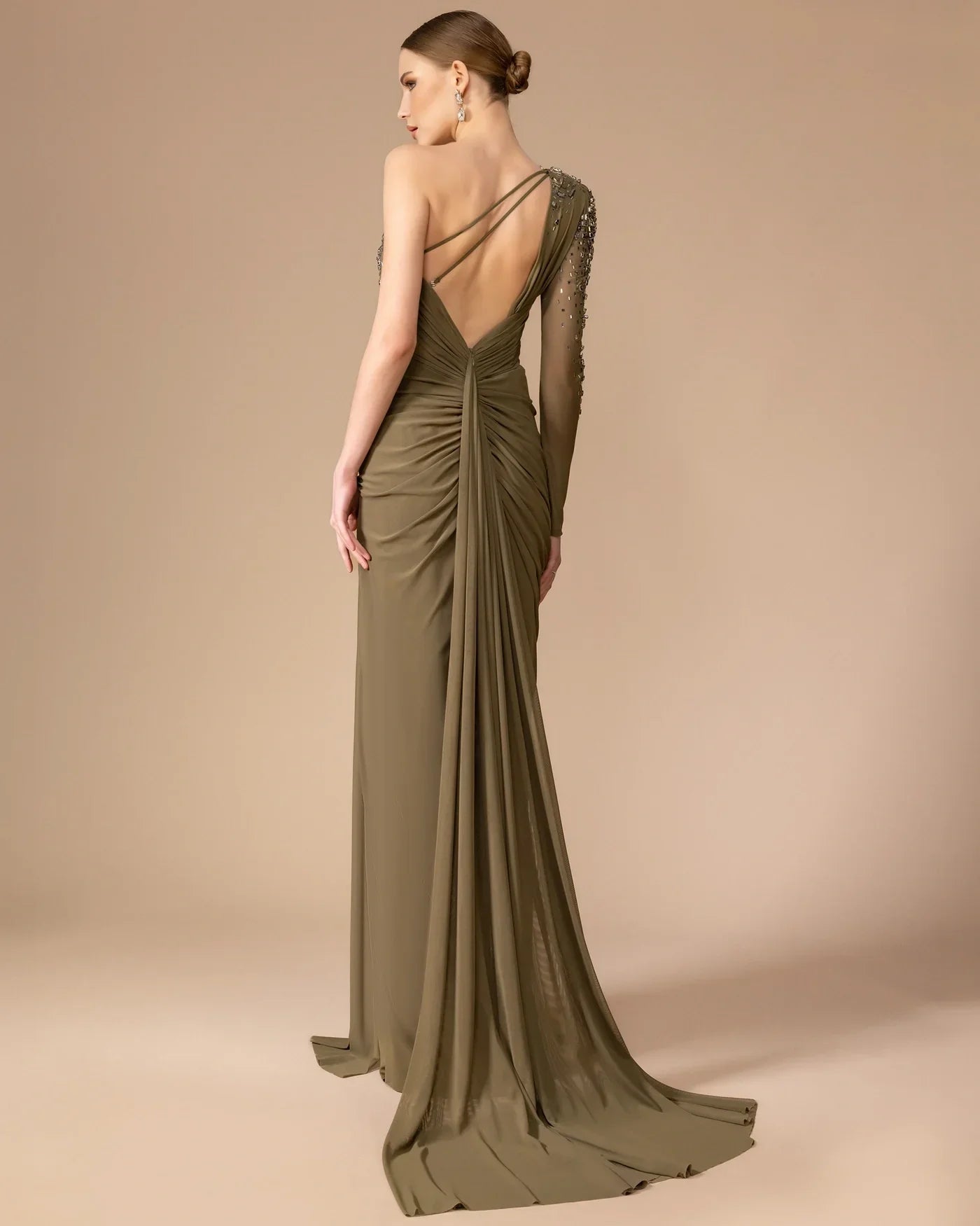 7067-Tek Kollu Yırtmaçlı Uzun Elbise - Kenzel