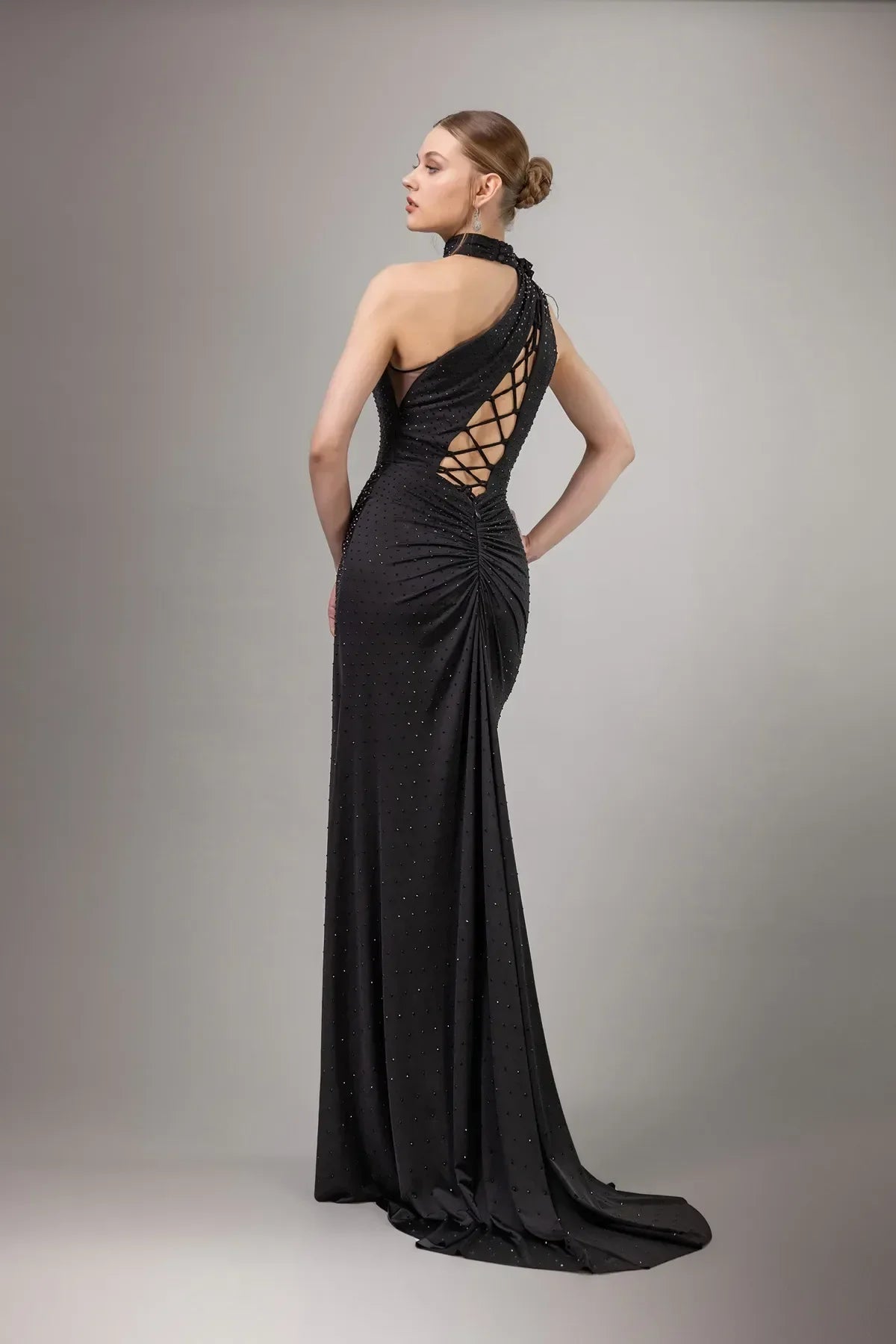7099-Long Dress with Beaded Fabric and Plunging Neckline Detail 7099-Long Dress with Beaded Fabric and Plunging Neckline Detail