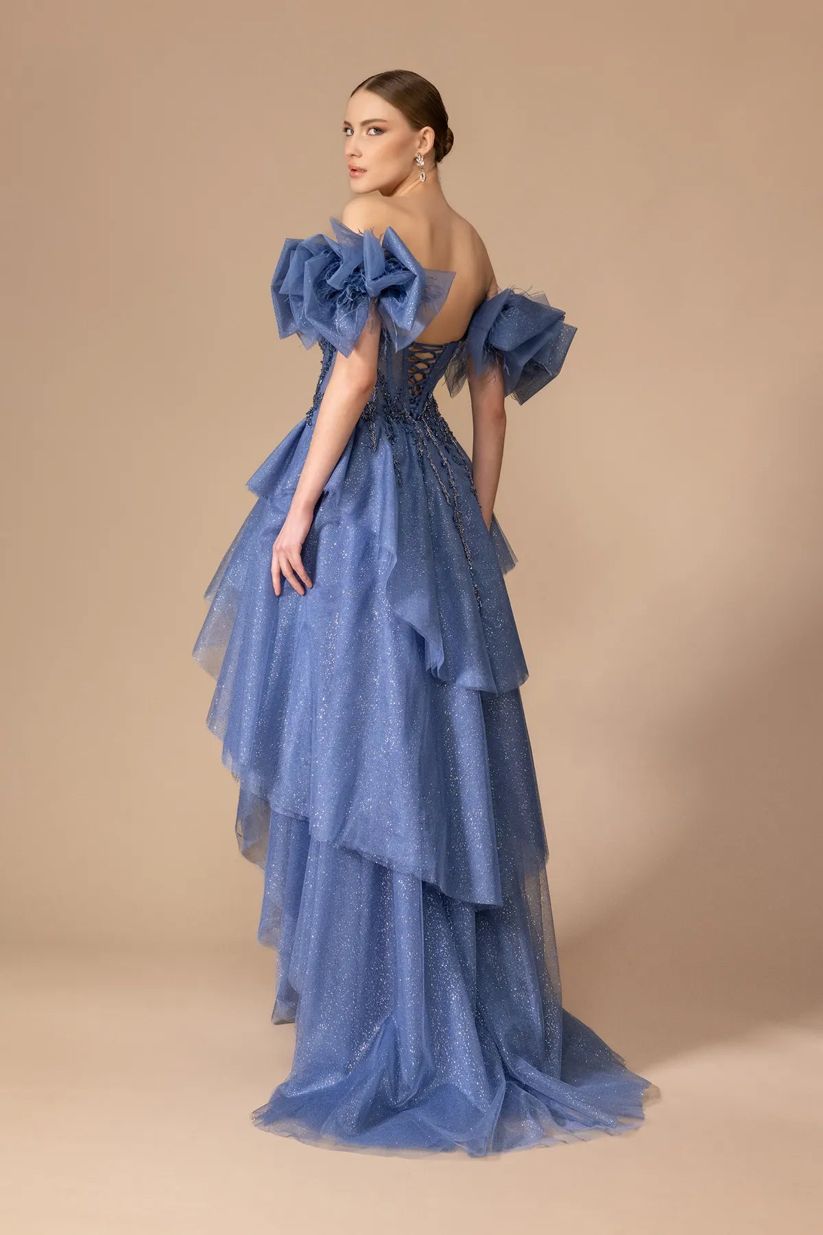 7125-İşleme Detaylı Kabarık Uzun Elbise