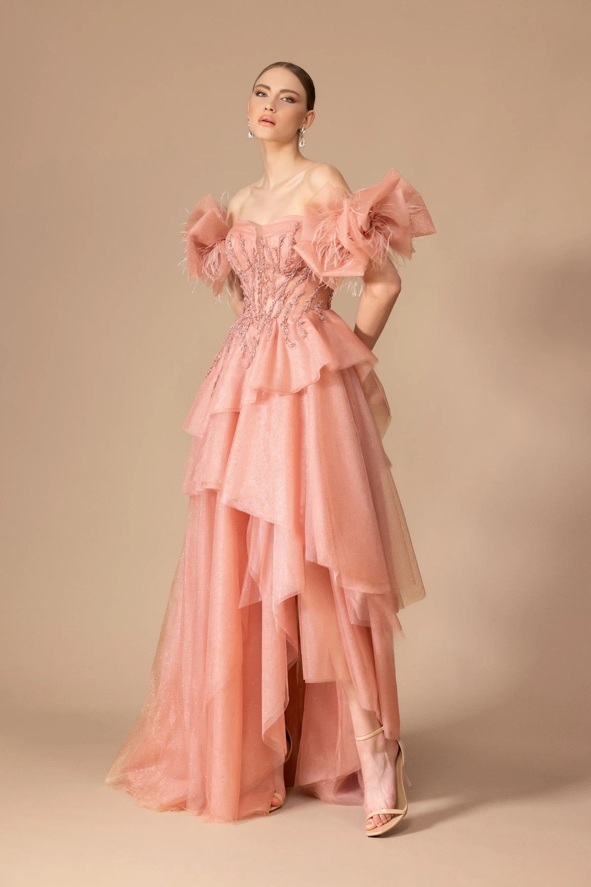 7125-İşleme Detaylı Kabarık Uzun Elbise