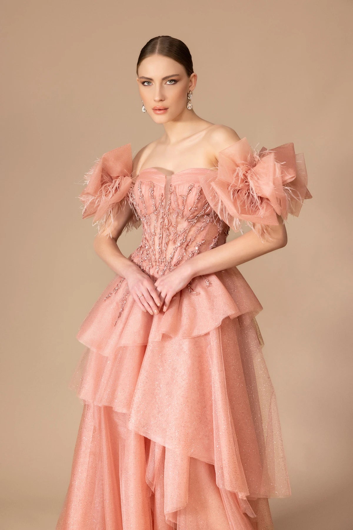 7125-İşleme Detaylı Kabarık Uzun Elbise