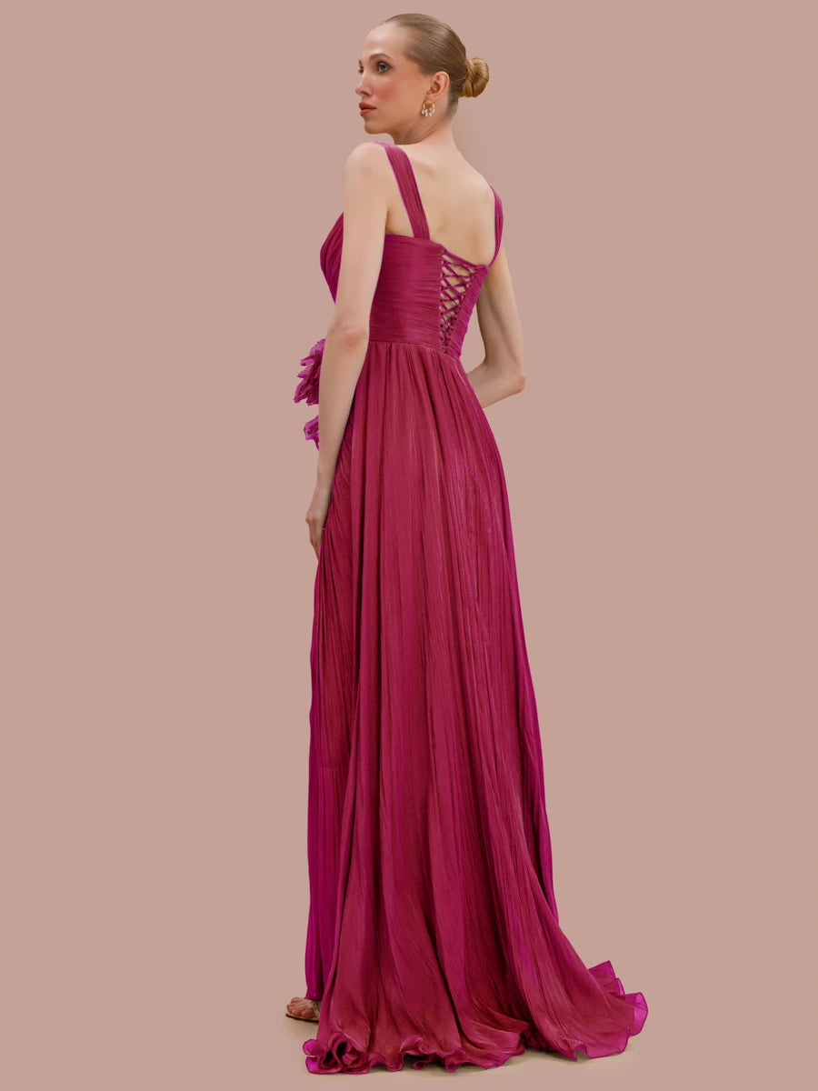 7158-Kapl Yaka Çiçek Detaylı Fit Piliseli Abiye Elbise