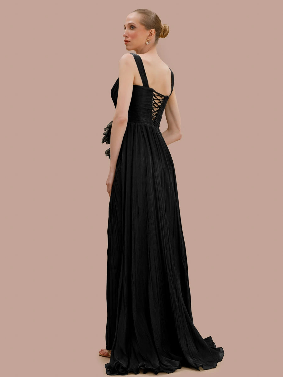 7158-Kapl Yaka Çiçek Detaylı Fit Piliseli Abiye Elbise