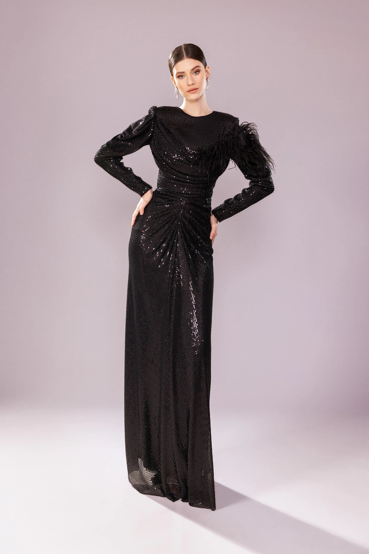 7202-Otrişli Payet Kumaş Uzun Tesettür Abiye Elbise