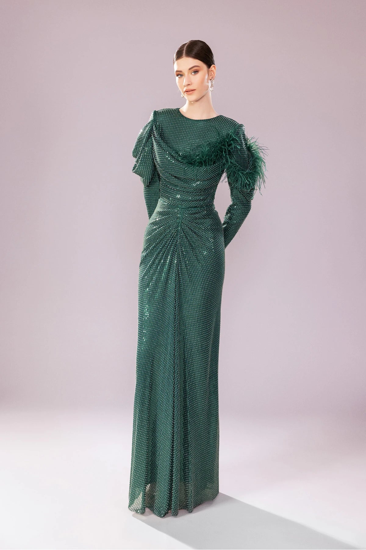 7202-Otrişli Payet Kumaş Uzun Tesettür Abiye Elbise