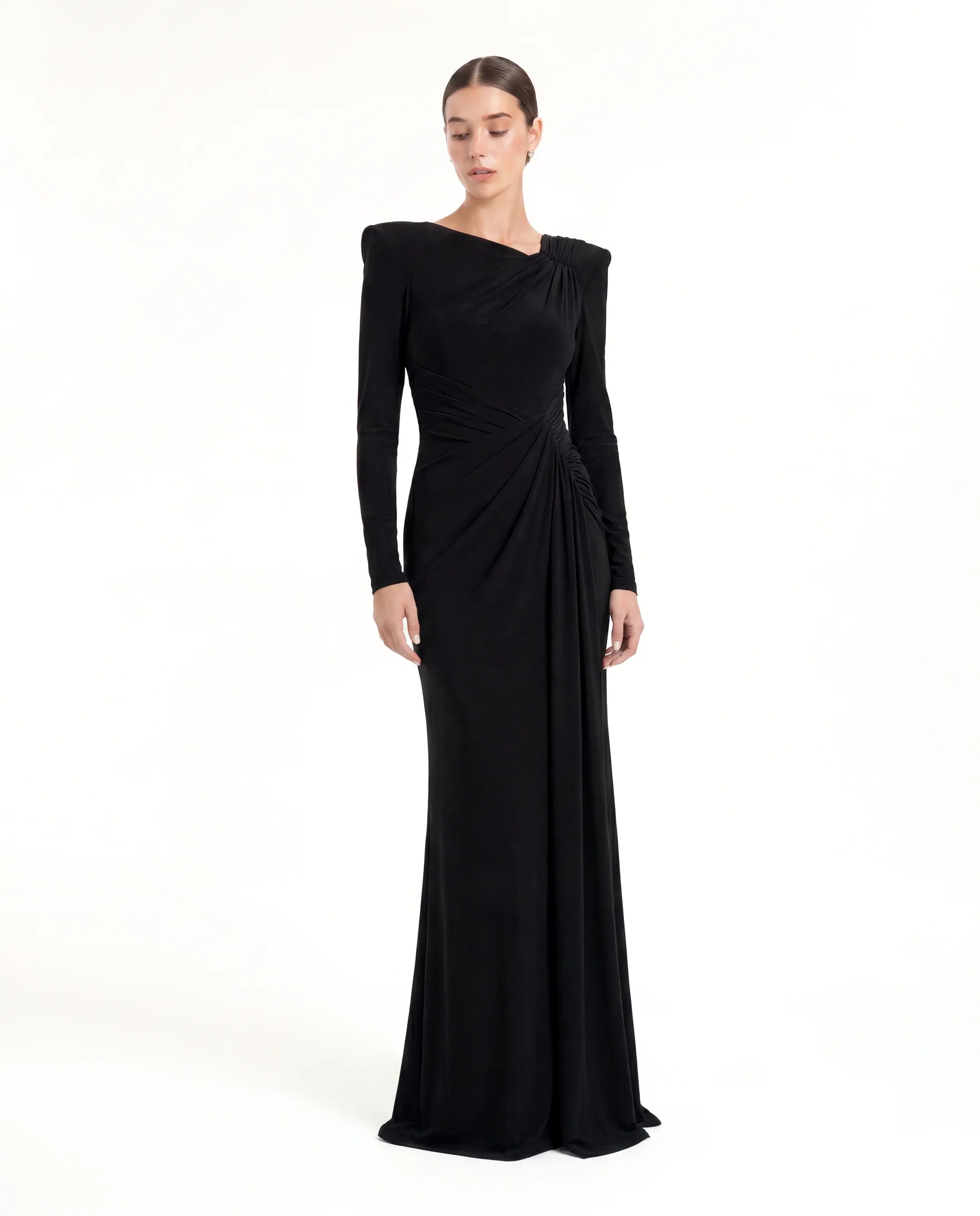 asymmetrical collar dress 9001-Asymmetric Draped Long Evening D2line