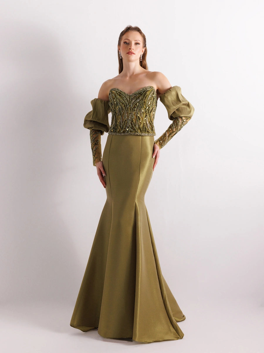 A25004-Üst Taş Detaylı Balon Kol Balık Abiye