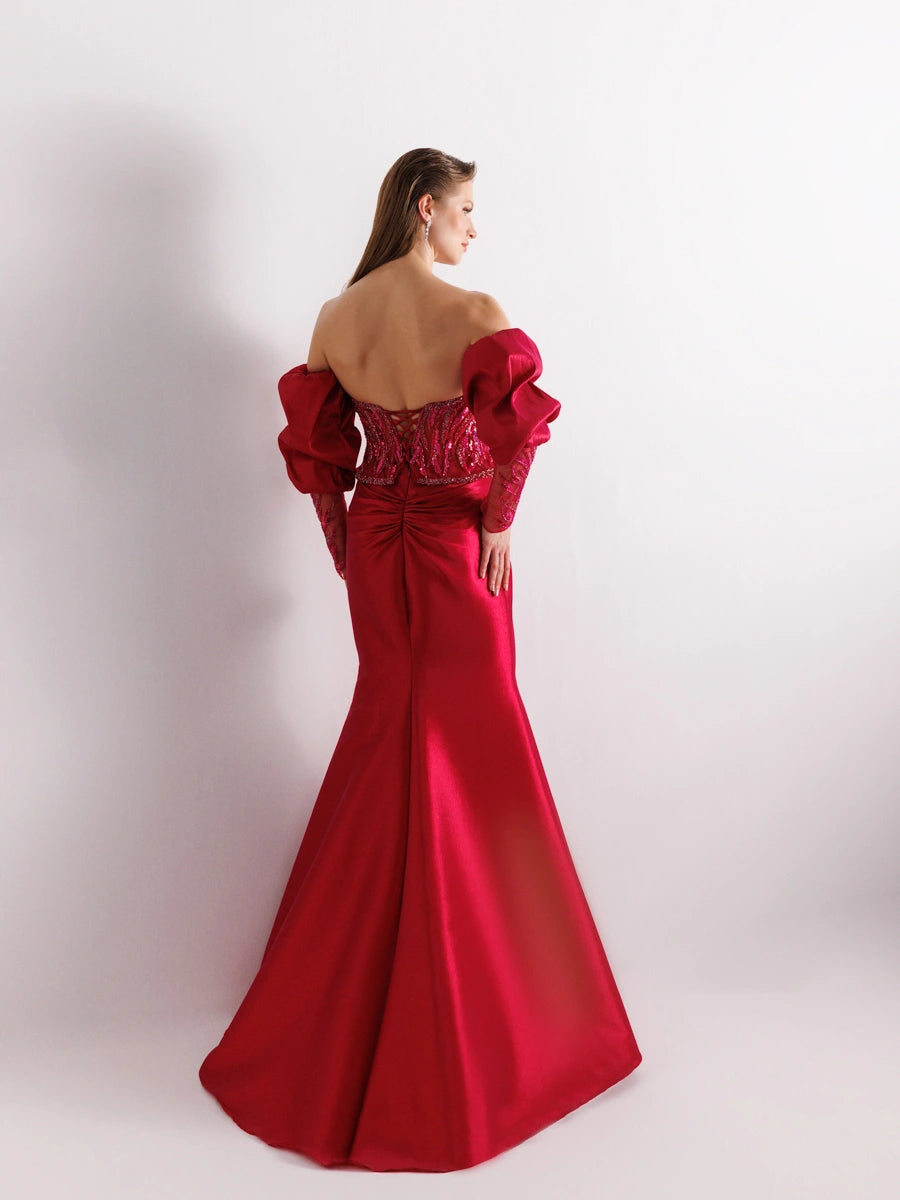 A25004-Üst Taş Detaylı Balon Kol Balık Abiye