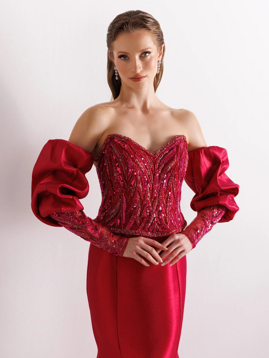 A25004-Üst Taş Detaylı Balon Kol Balık Abiye