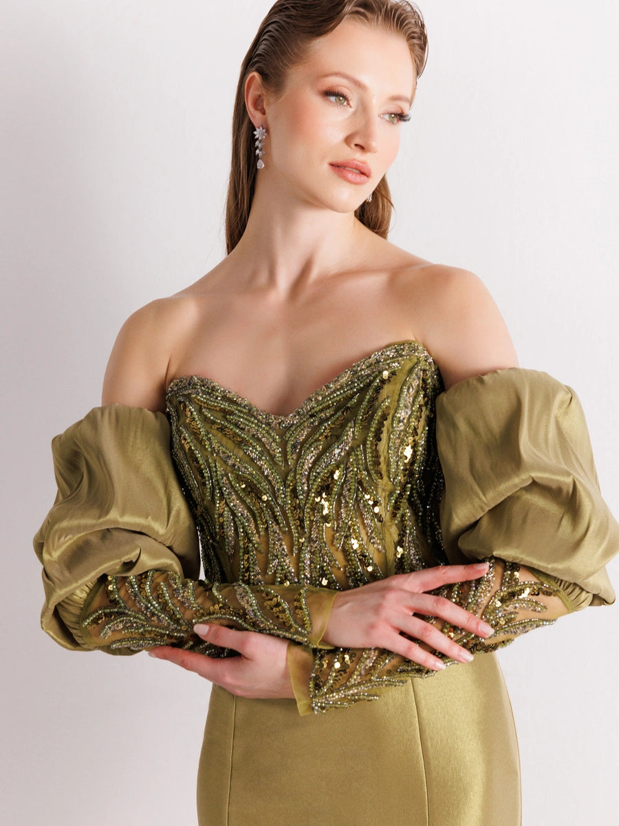 A25004-Üst Taş Detaylı Balon Kol Balık Abiye