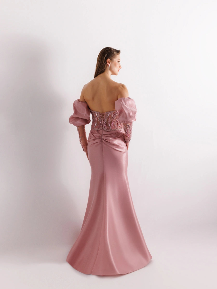 A25004-Üst Taş Detaylı Balon Kol Balık Abiye