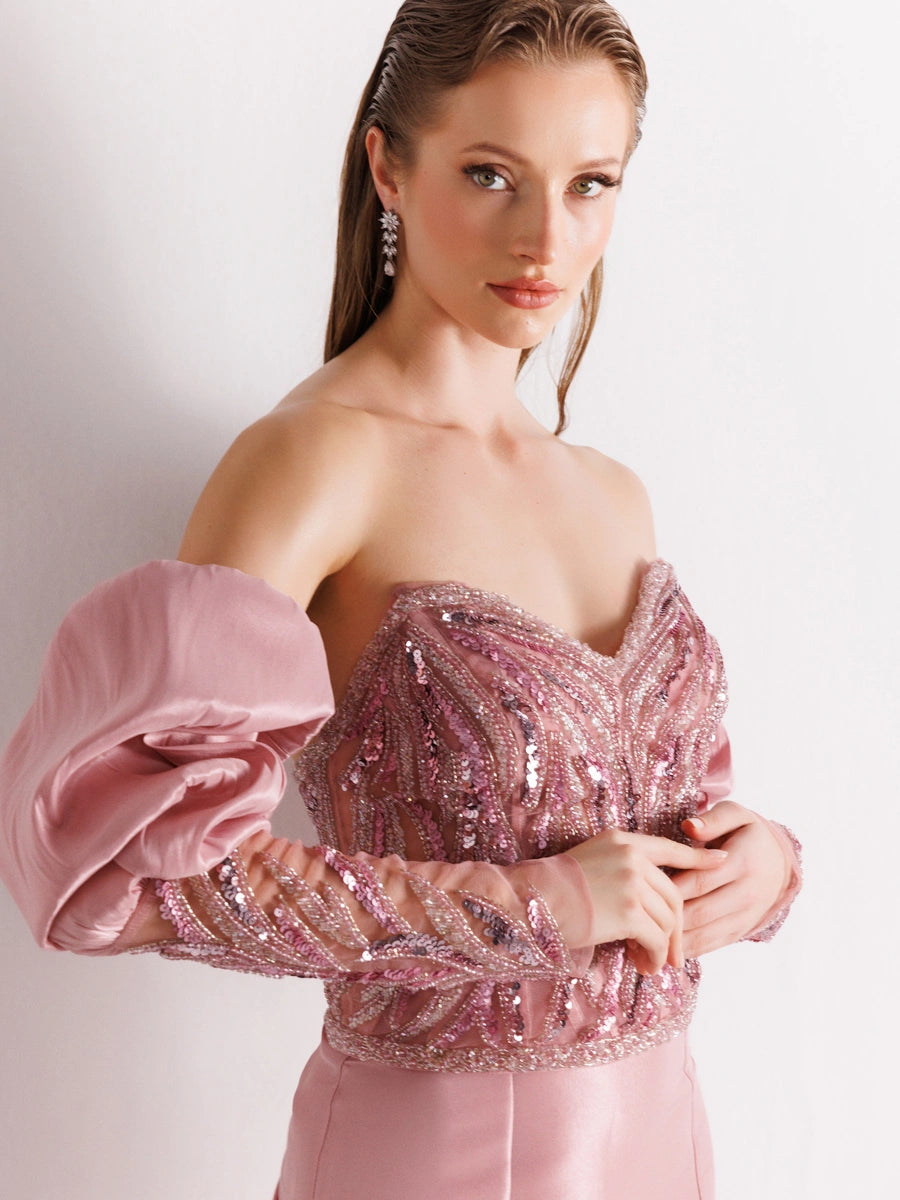 A25004-Üst Taş Detaylı Balon Kol Balık Abiye