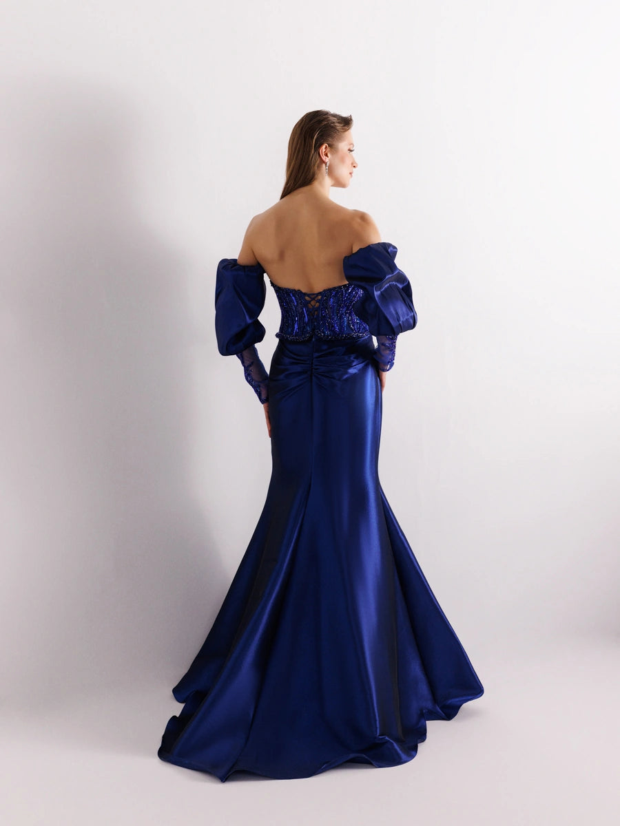 A25004-Üst Taş Detaylı Balon Kol Balık Abiye