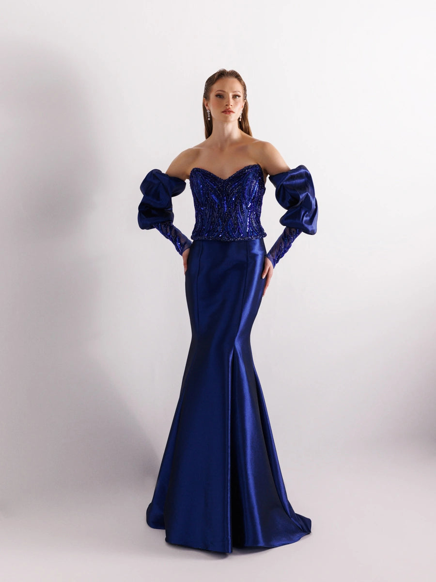 A25004-Üst Taş Detaylı Balon Kol Balık Abiye