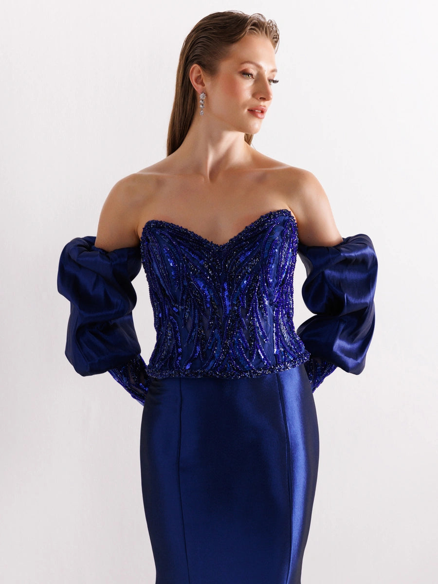 A25004-Üst Taş Detaylı Balon Kol Balık Abiye