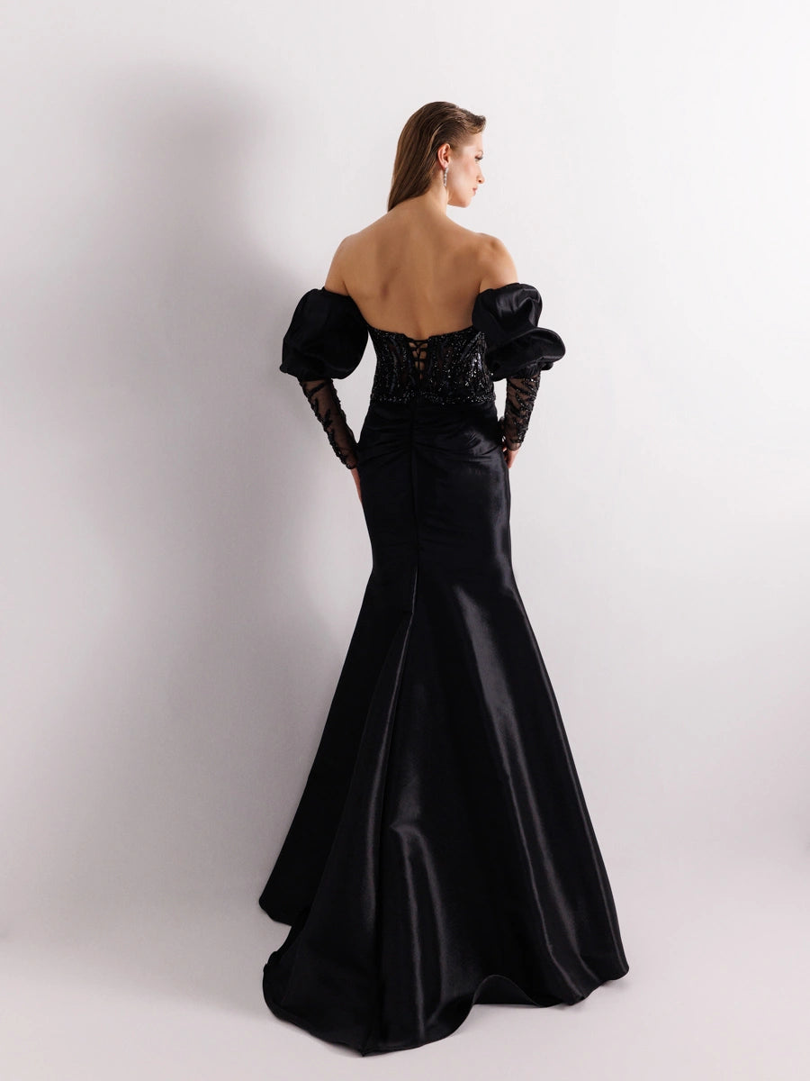 A25004-Üst Taş Detaylı Balon Kol Balık Abiye