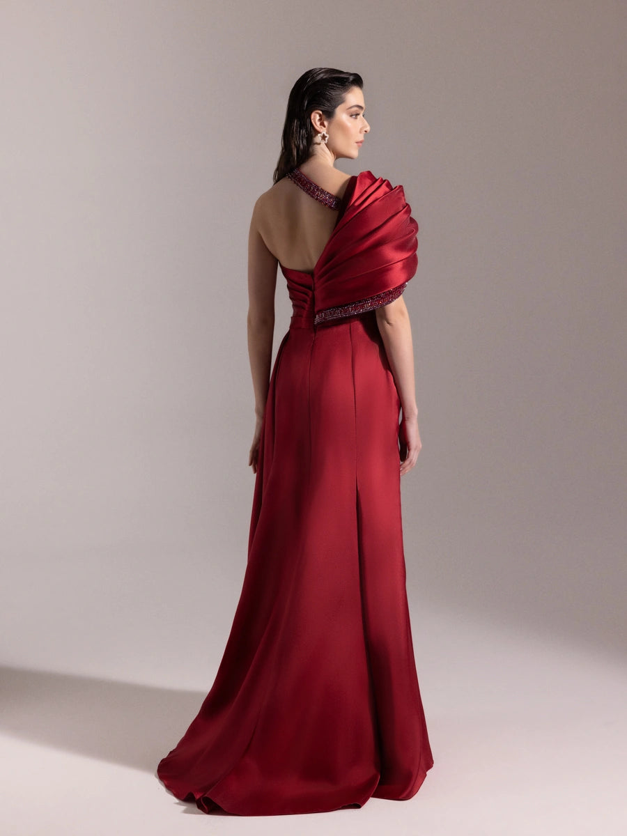 A25025-Asimetrik Kesim Şerit Taş Detaylı Drapeli Balık Abiye Elbise