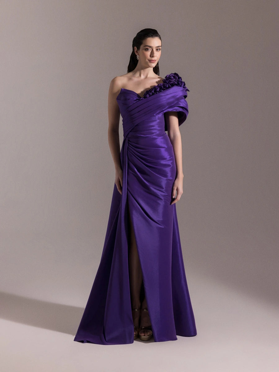 A25030-Çiçek Detaylı Yırtmaçlı Balık Abiye Elbise