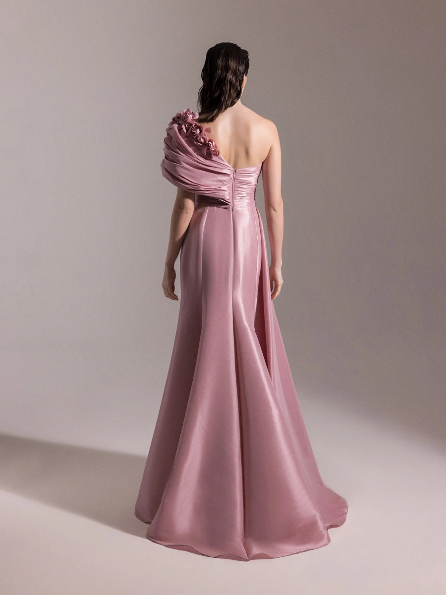 A25030-Çiçek Detaylı Yırtmaçlı Balık Abiye Elbise