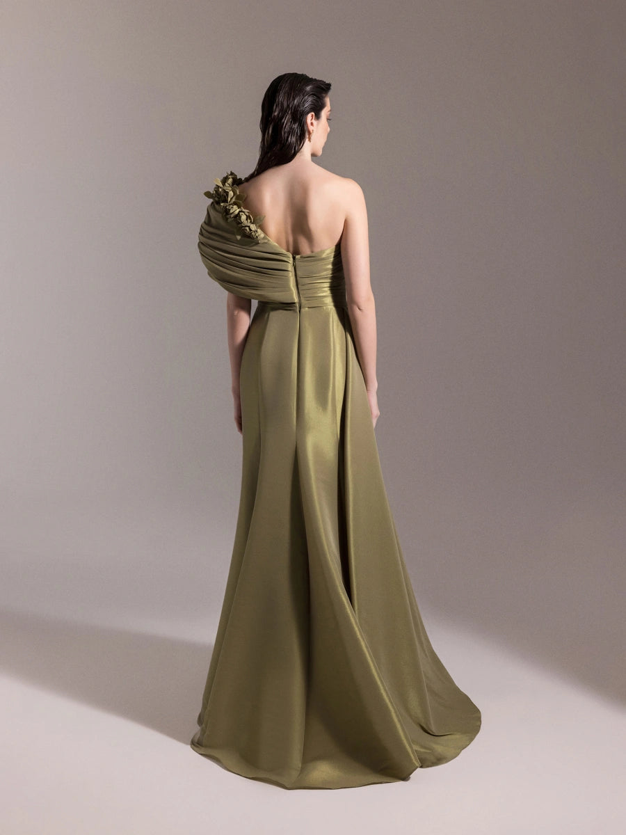 A25030-Çiçek Detaylı Yırtmaçlı Balık Abiye Elbise