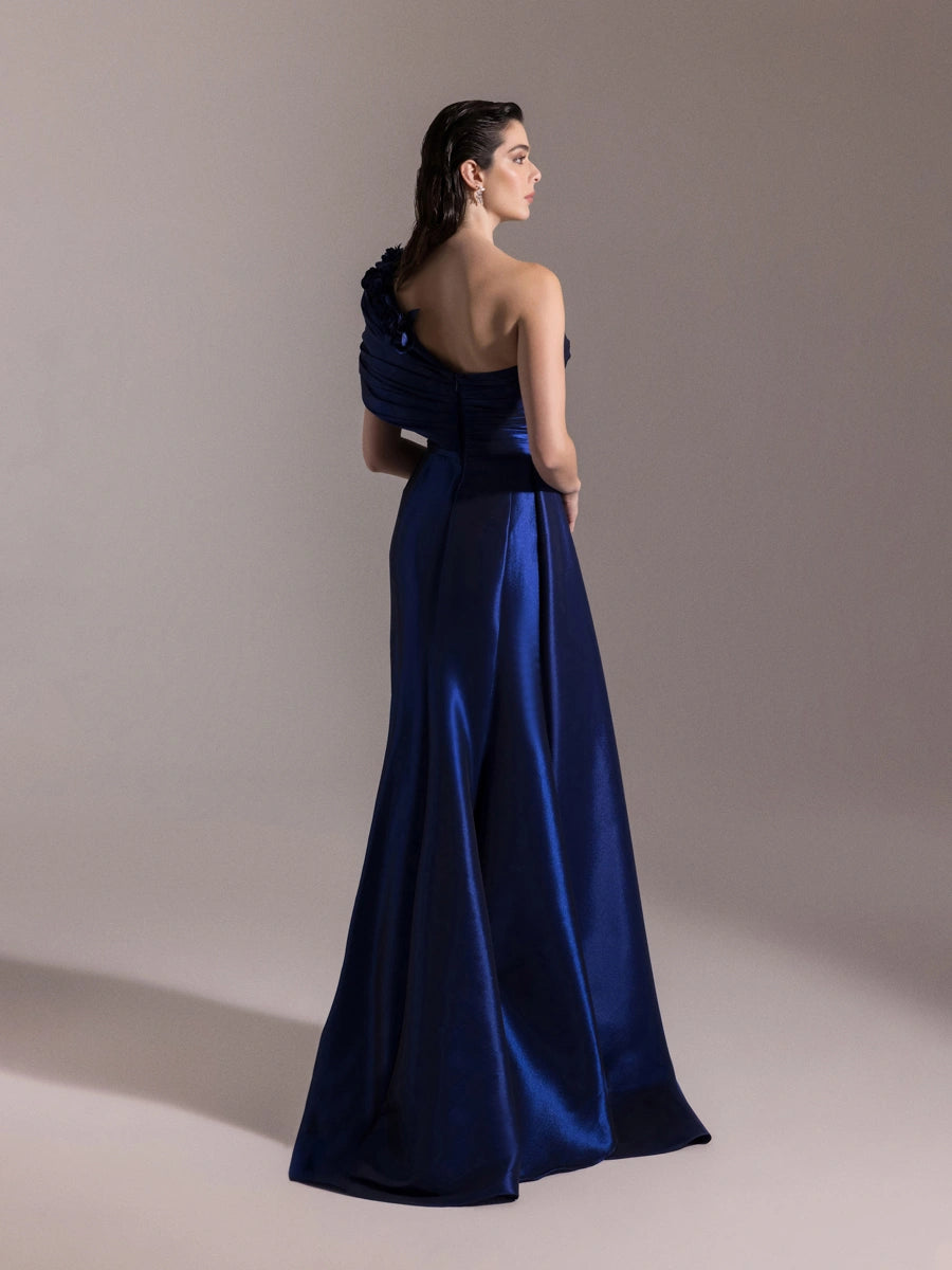 A25030-Çiçek Detaylı Yırtmaçlı Balık Abiye Elbise