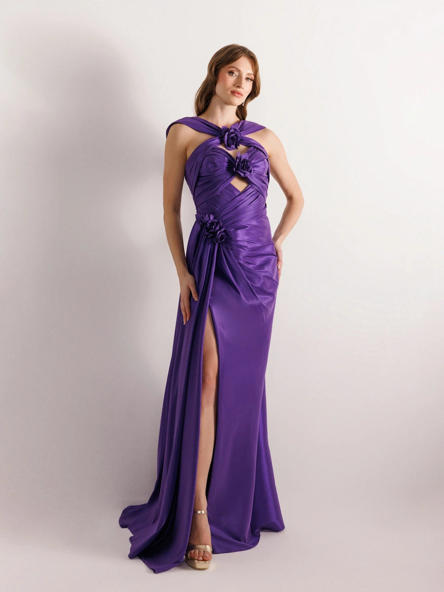 A25033-Çiçek Detaylı Yanı Kuyruklu Balık Abiye Elbise