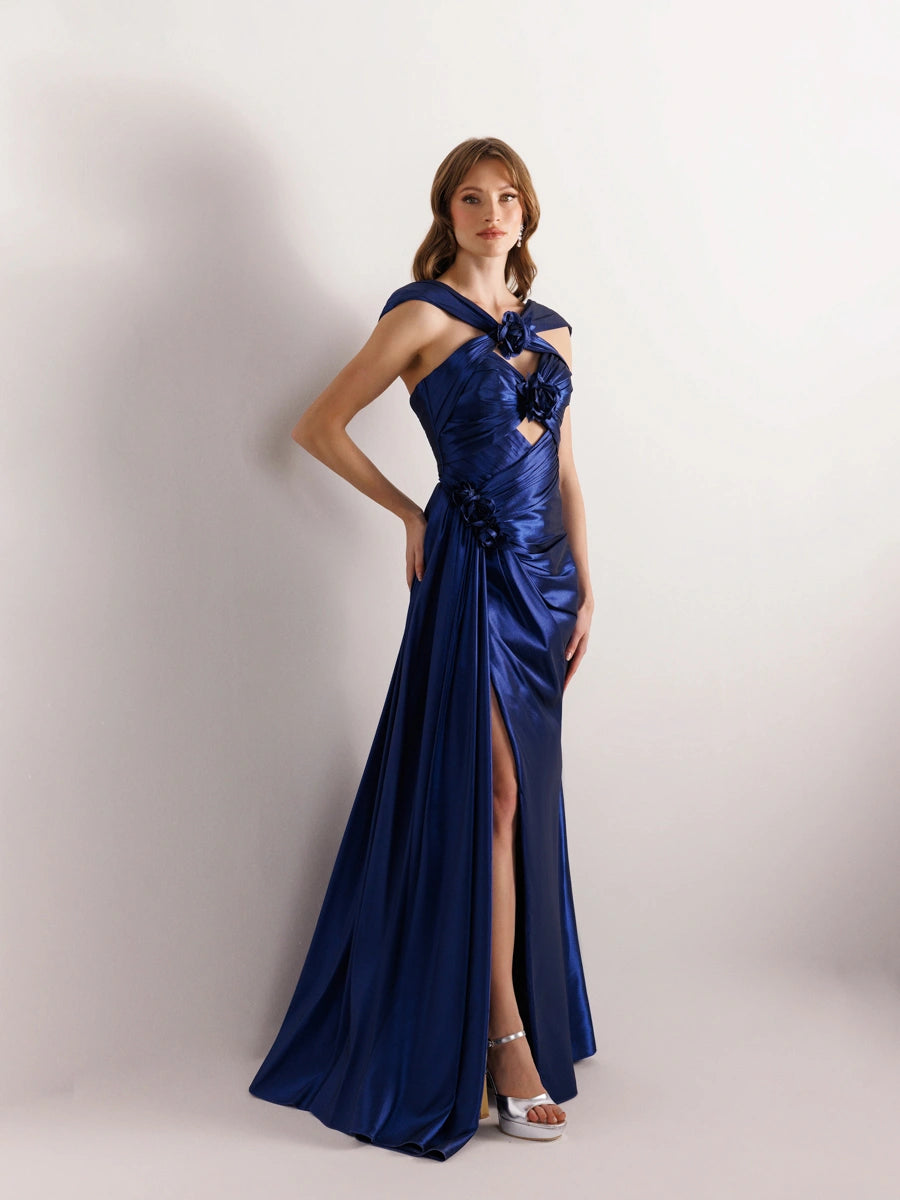 A25033-Çiçek Detaylı Yanı Kuyruklu Balık Abiye Elbise