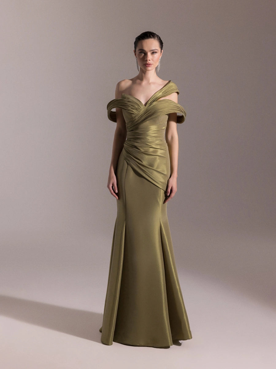 A25034-Kolları Şal Görünümlü Piliseli Balık Elbise