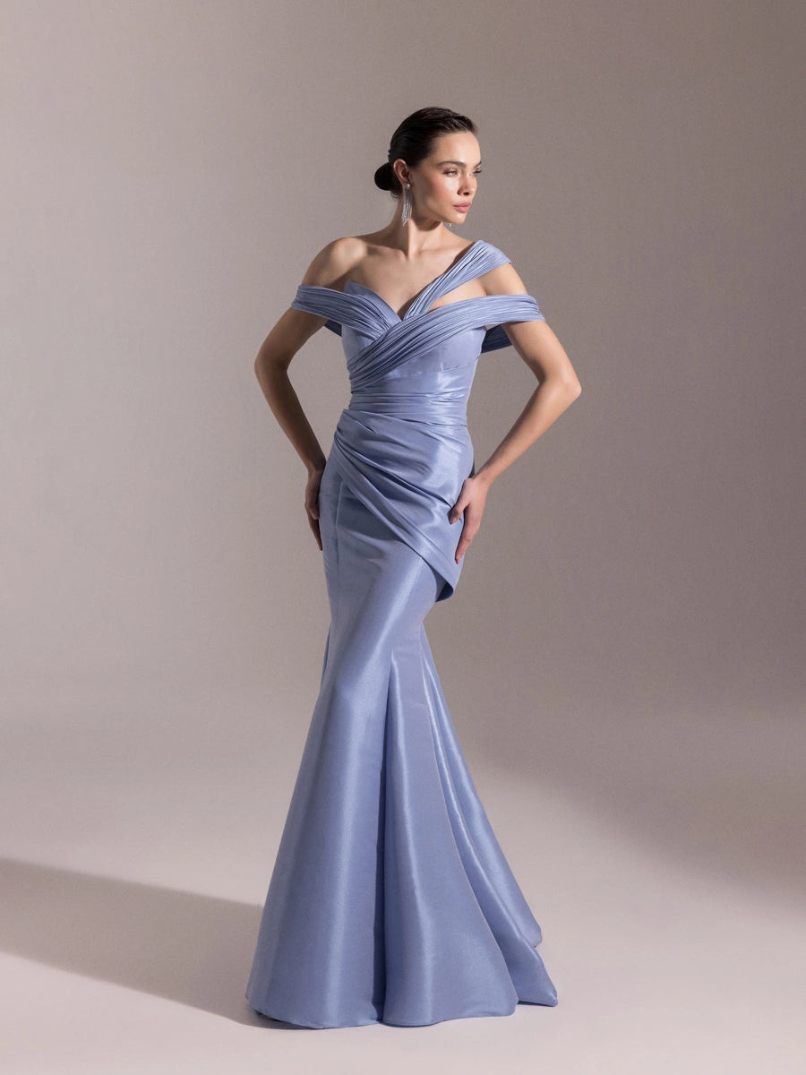 A25034-Kolları Şal Görünümlü Piliseli Balık Elbise