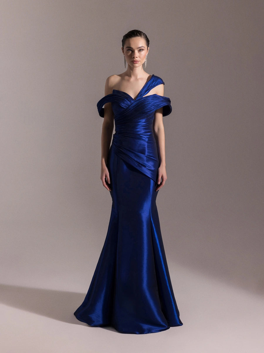 A25034-Kolları Şal Görünümlü Piliseli Balık Elbise