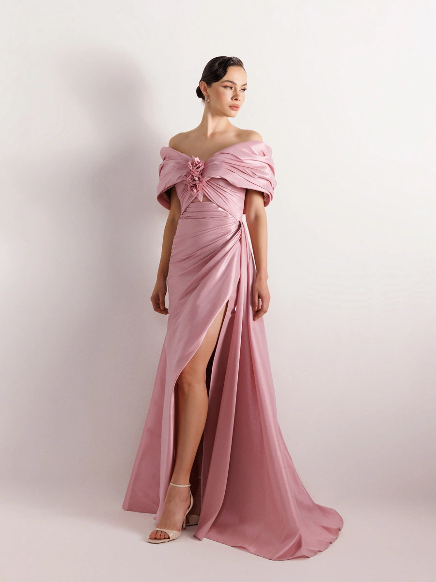 A25035-Straplez Şal Görünümlü Yırtmaçlı Balık Abiye Elbise