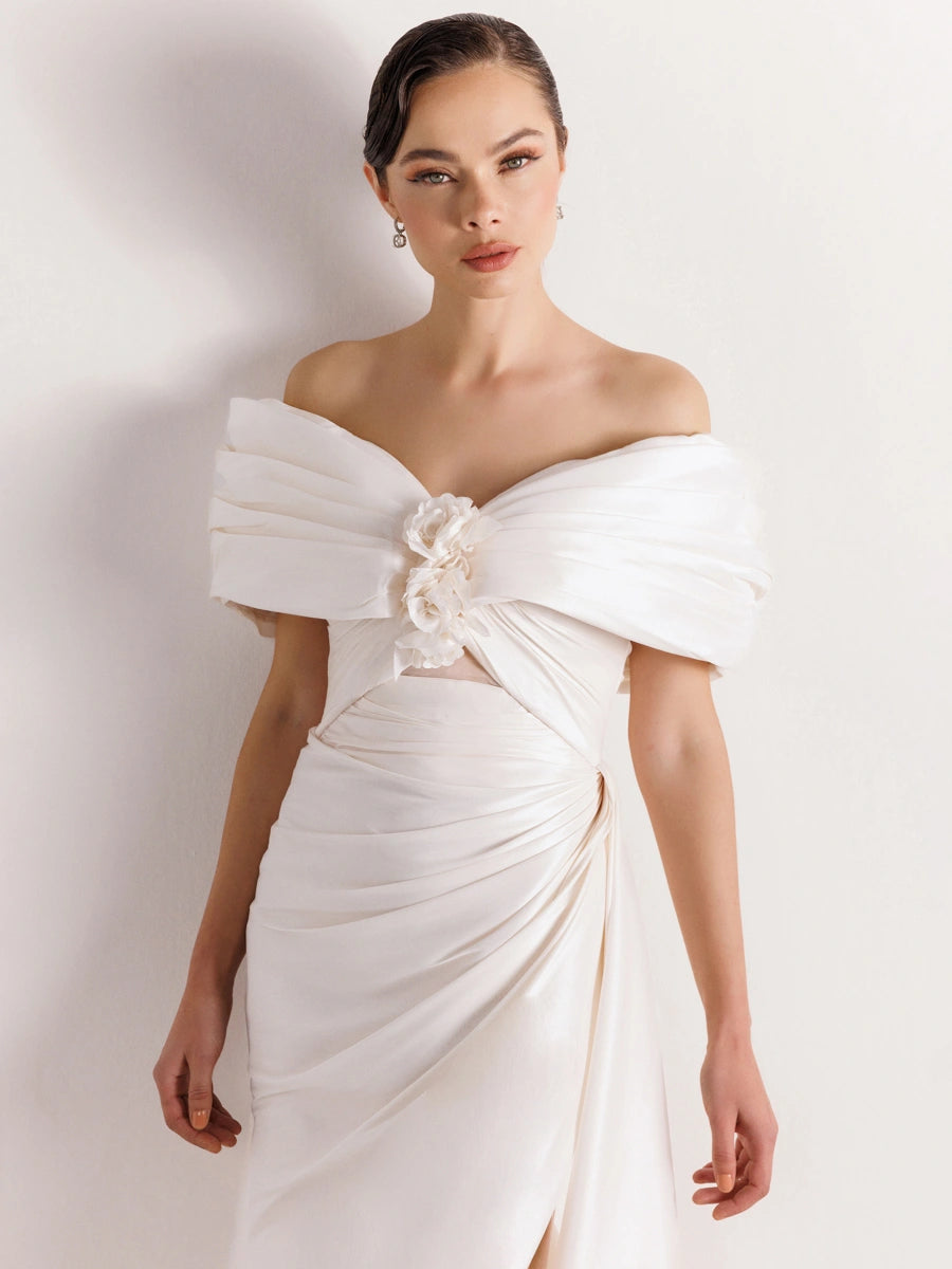 A25035-Straplez Şal Görünümlü Yırtmaçlı Balık Abiye Elbise