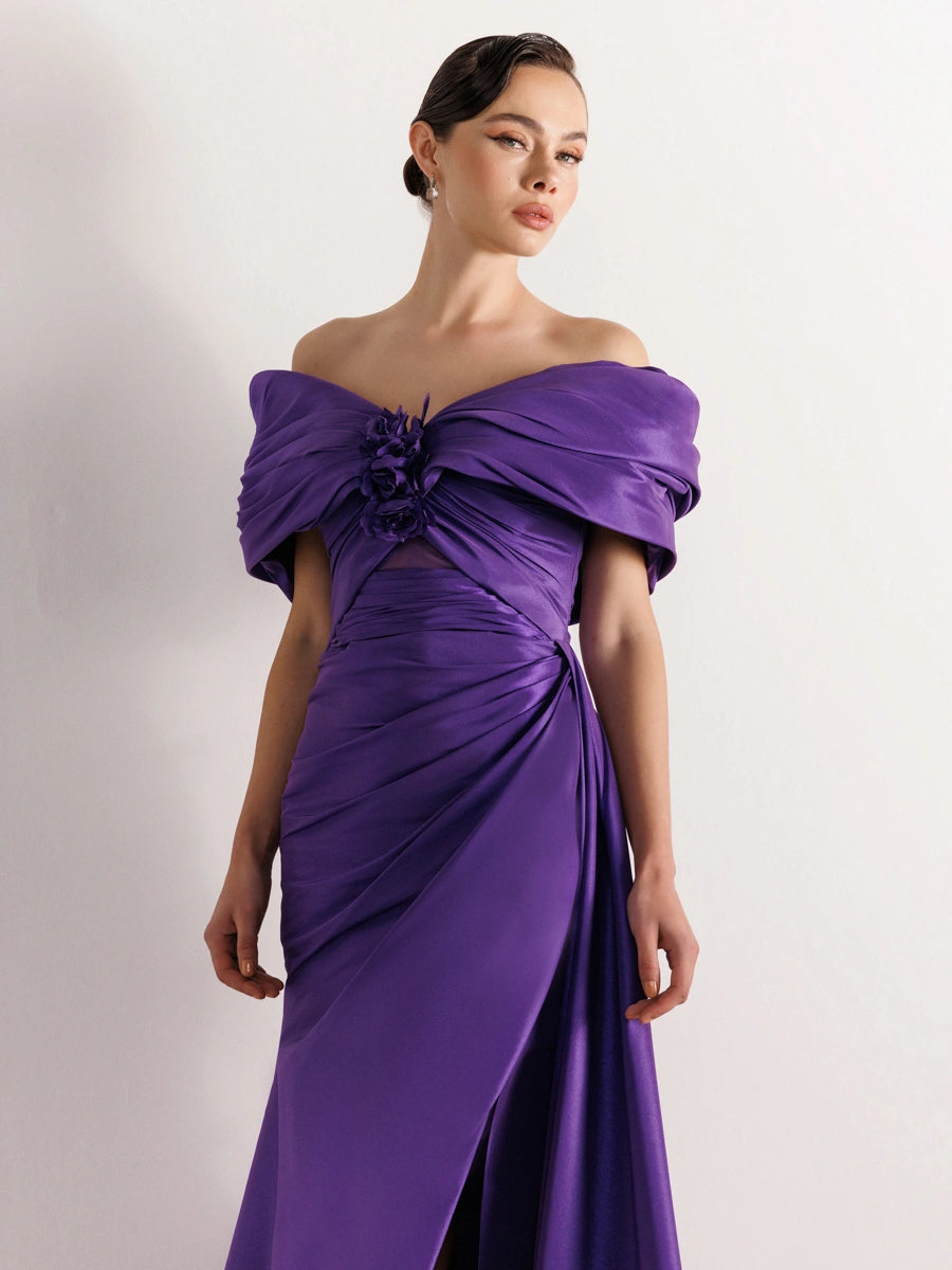 A25035-Straplez Şal Görünümlü Yırtmaçlı Balık Abiye Elbise