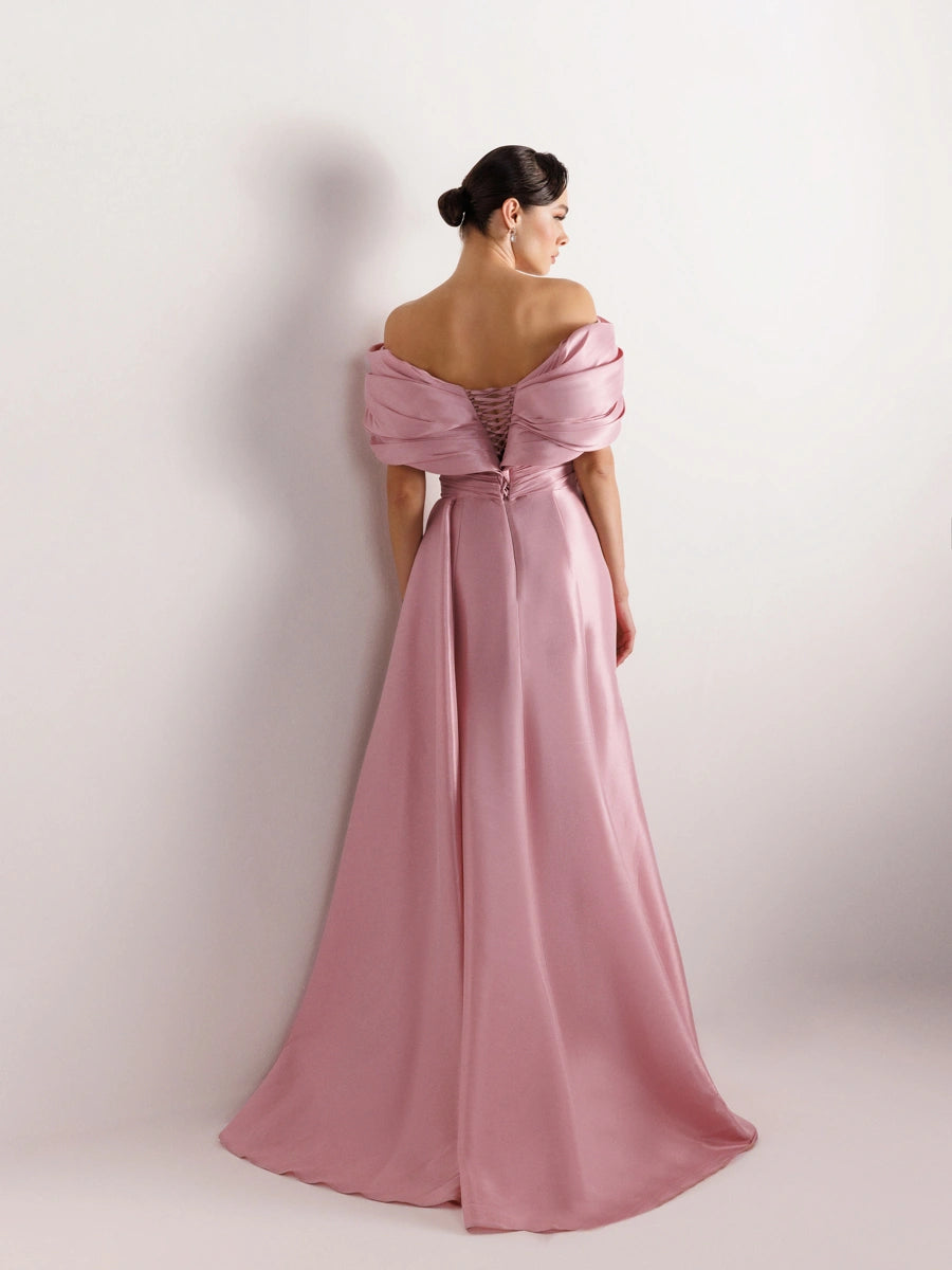 A25035-Straplez Şal Görünümlü Yırtmaçlı Balık Abiye Elbise