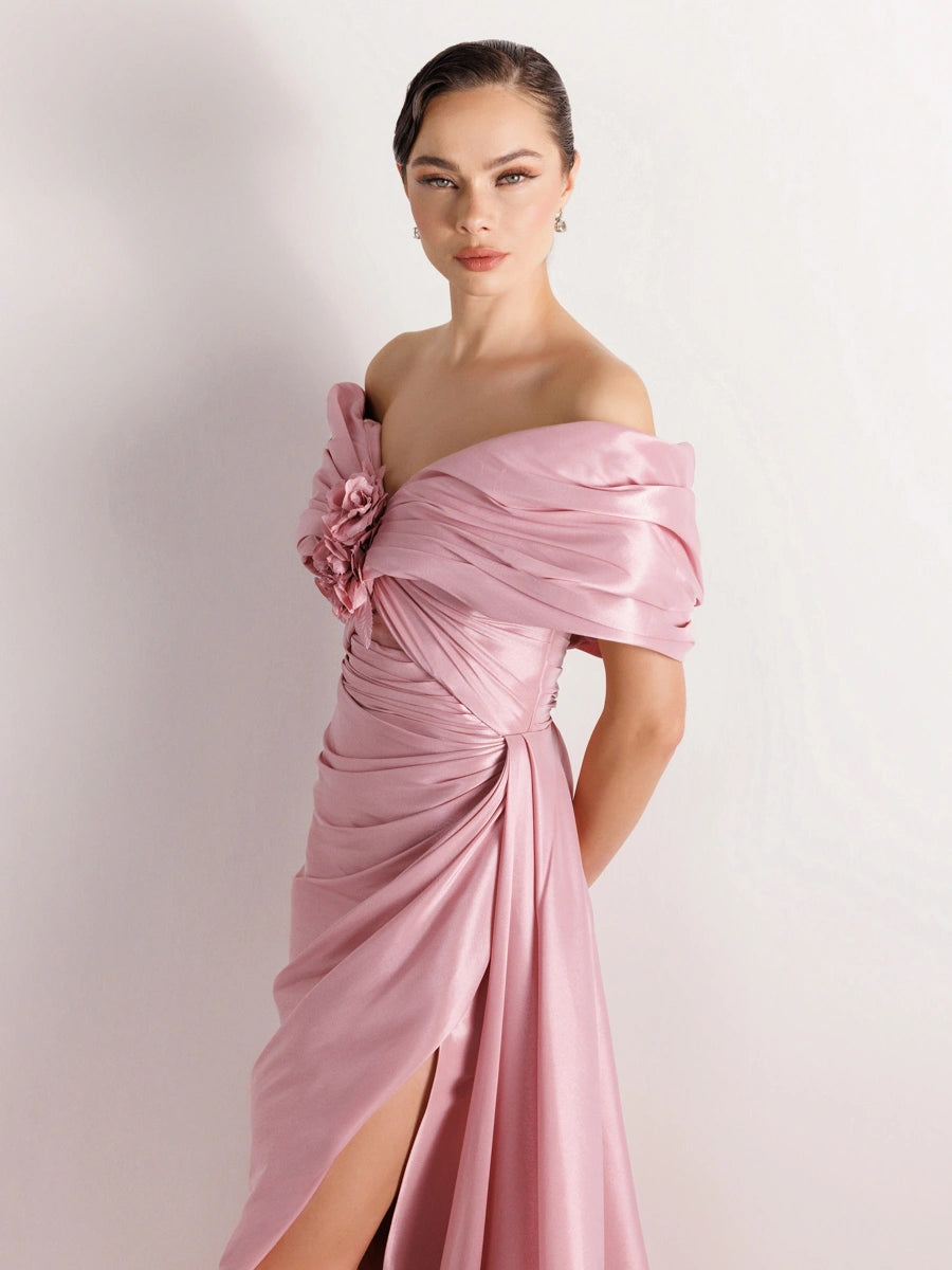 A25035-Straplez Şal Görünümlü Yırtmaçlı Balık Abiye Elbise