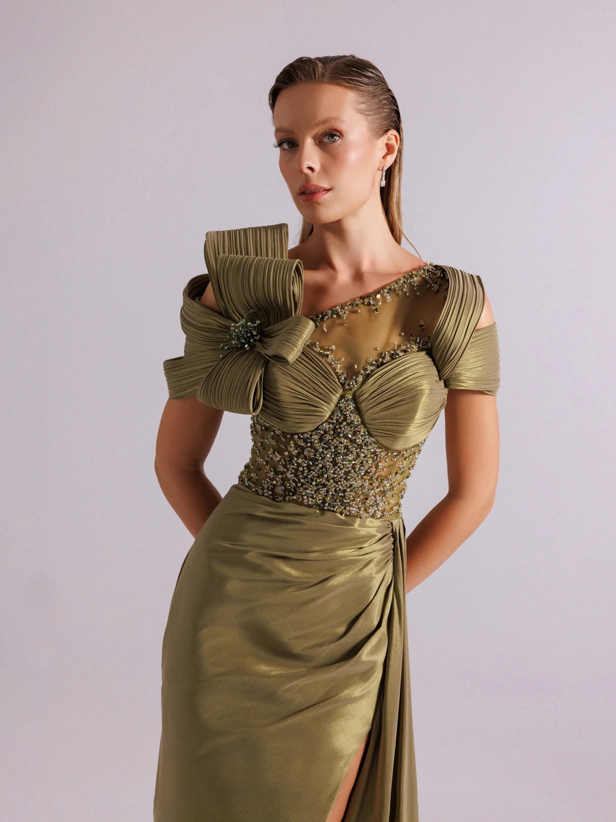 A25054-Üst Taş Detaylı Kuyruklu Balık Abiye Elbise