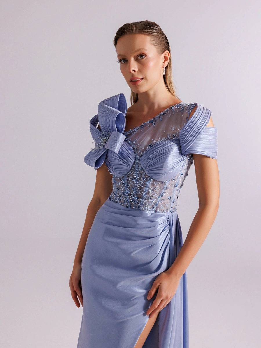 A25054-Üst Taş Detaylı Kuyruklu Balık Abiye Elbise