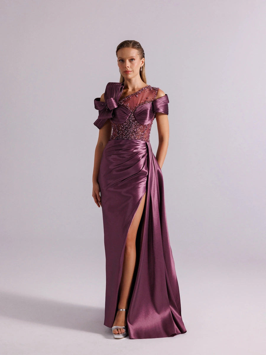 A25054-Üst Taş Detaylı Kuyruklu Balık Abiye Elbise