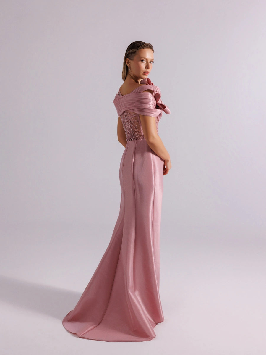 A25054-Üst Taş Detaylı Kuyruklu Balık Abiye Elbise