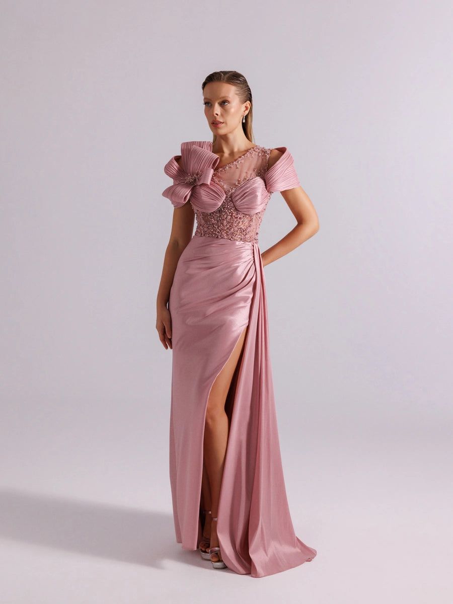 A25054-Üst Taş Detaylı Kuyruklu Balık Abiye Elbise