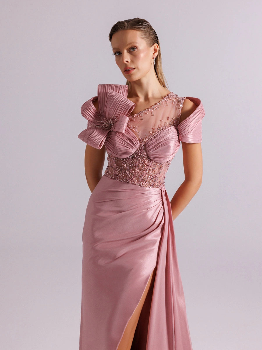 A25054-Üst Taş Detaylı Kuyruklu Balık Abiye Elbise