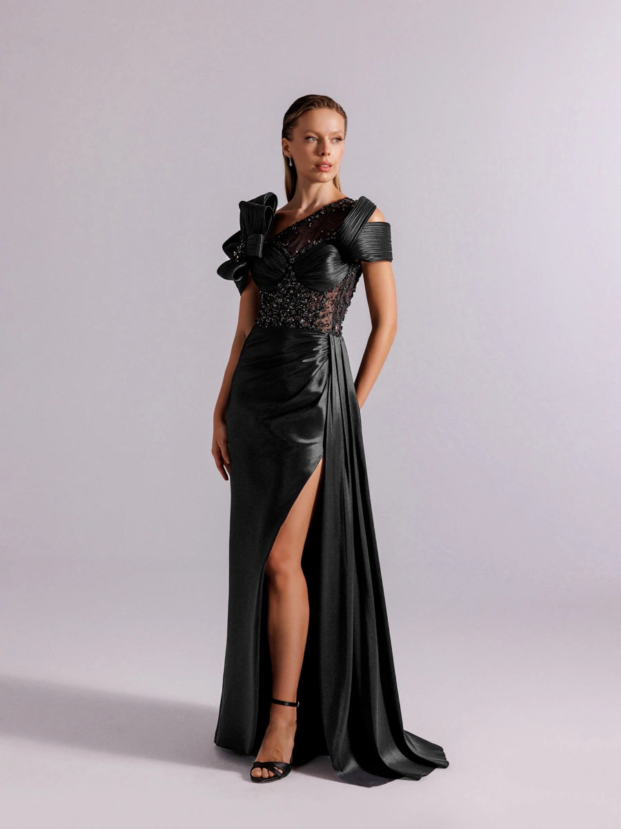 A25054-Üst Taş Detaylı Kuyruklu Balık Abiye Elbise