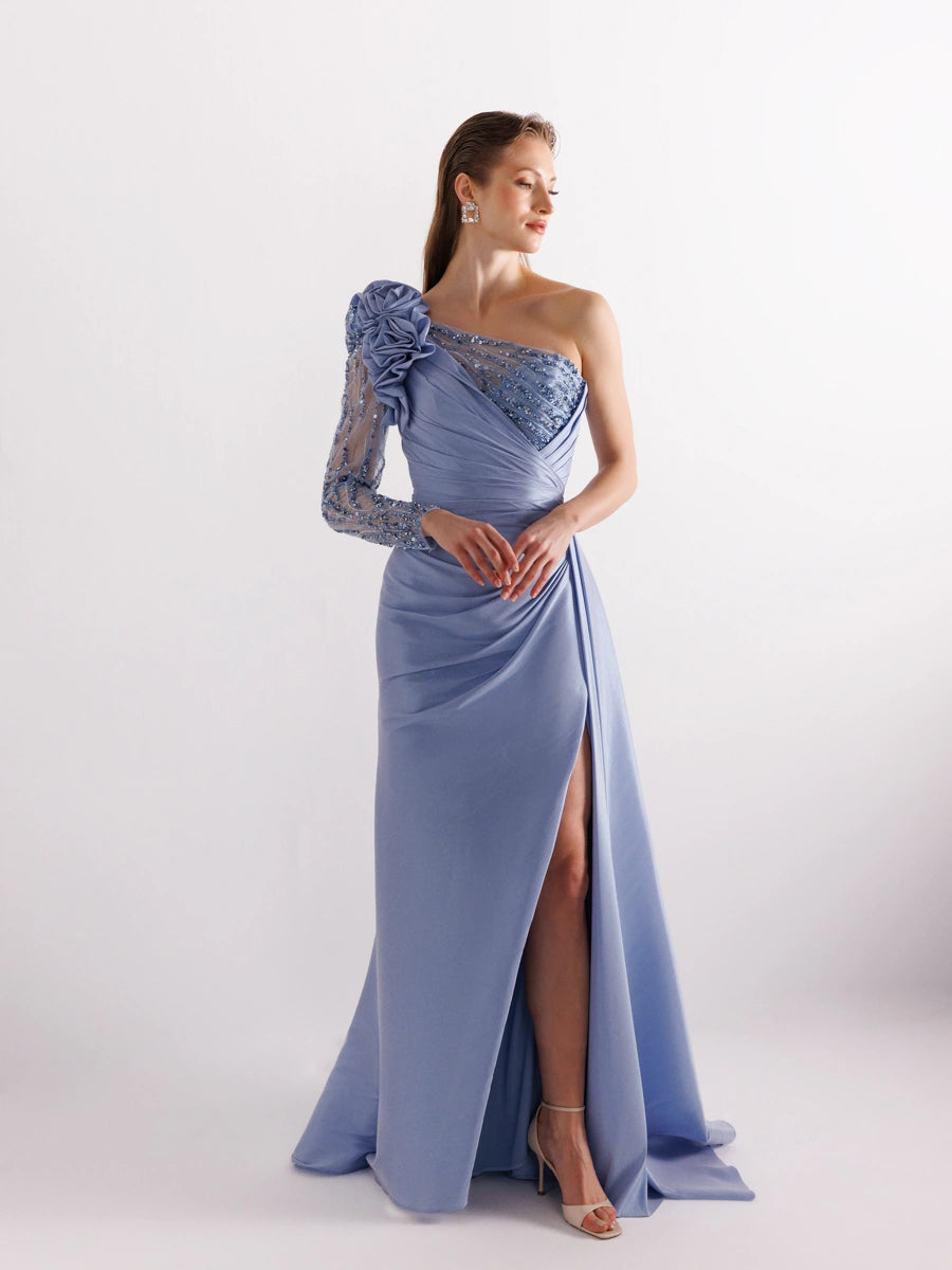 A25055-Tek Kollu Omuz Gül Detaylı Yıtmaçlı Balık Abiye Elbise