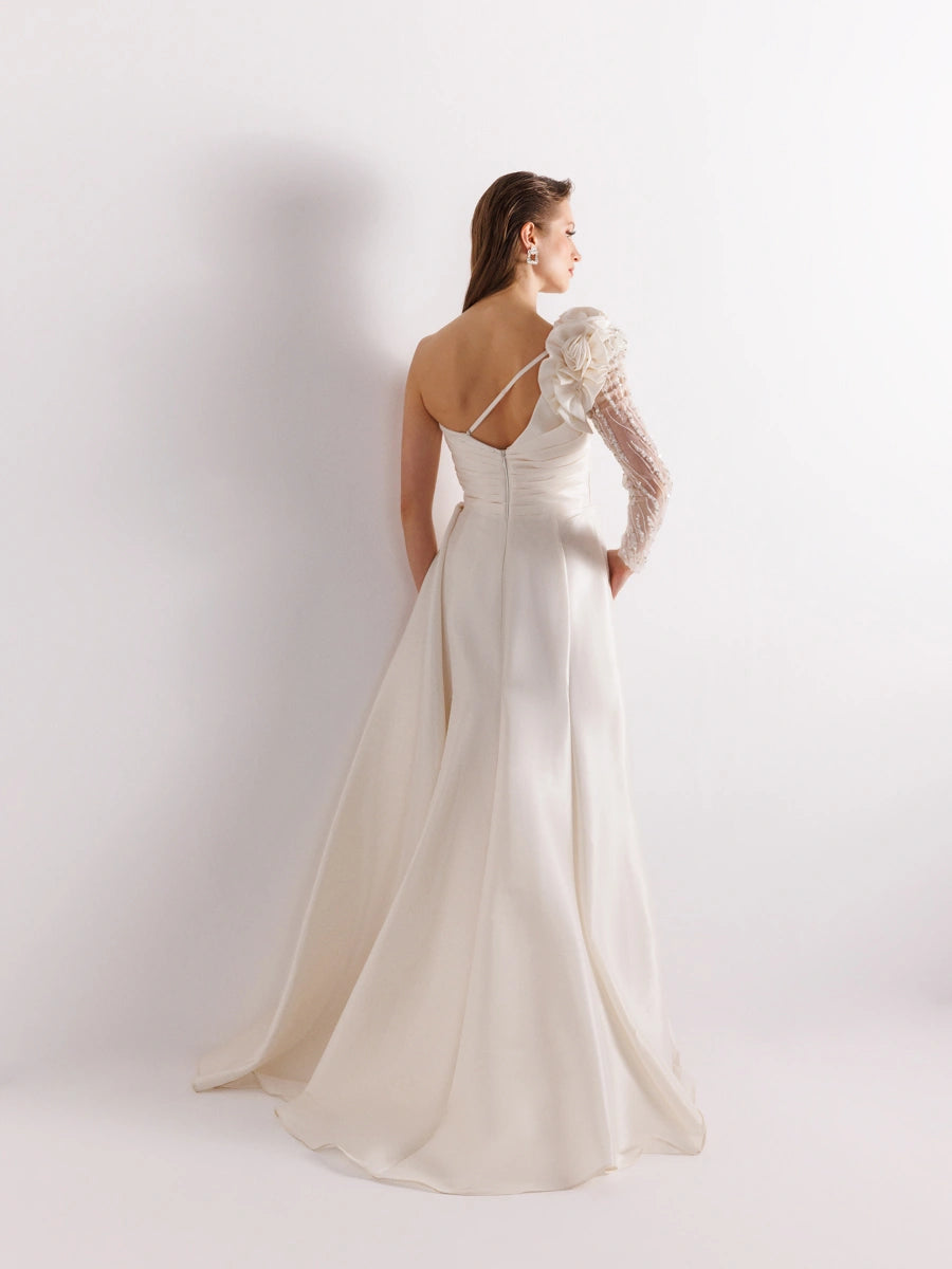 A25055-Tek Kollu Omuz Gül Detaylı Yıtmaçlı Balık Abiye Elbise