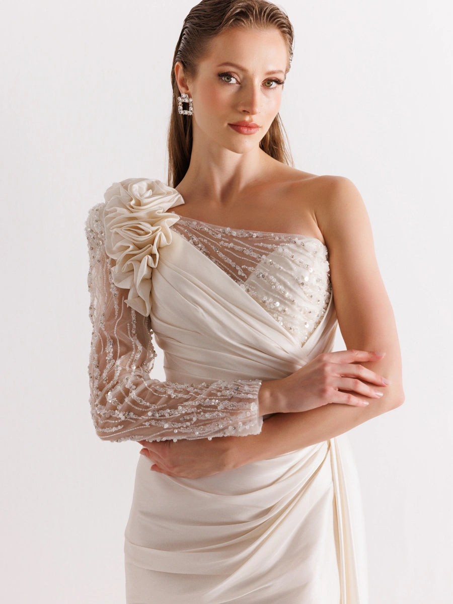 A25055-Tek Kollu Omuz Gül Detaylı Yıtmaçlı Balık Abiye Elbise