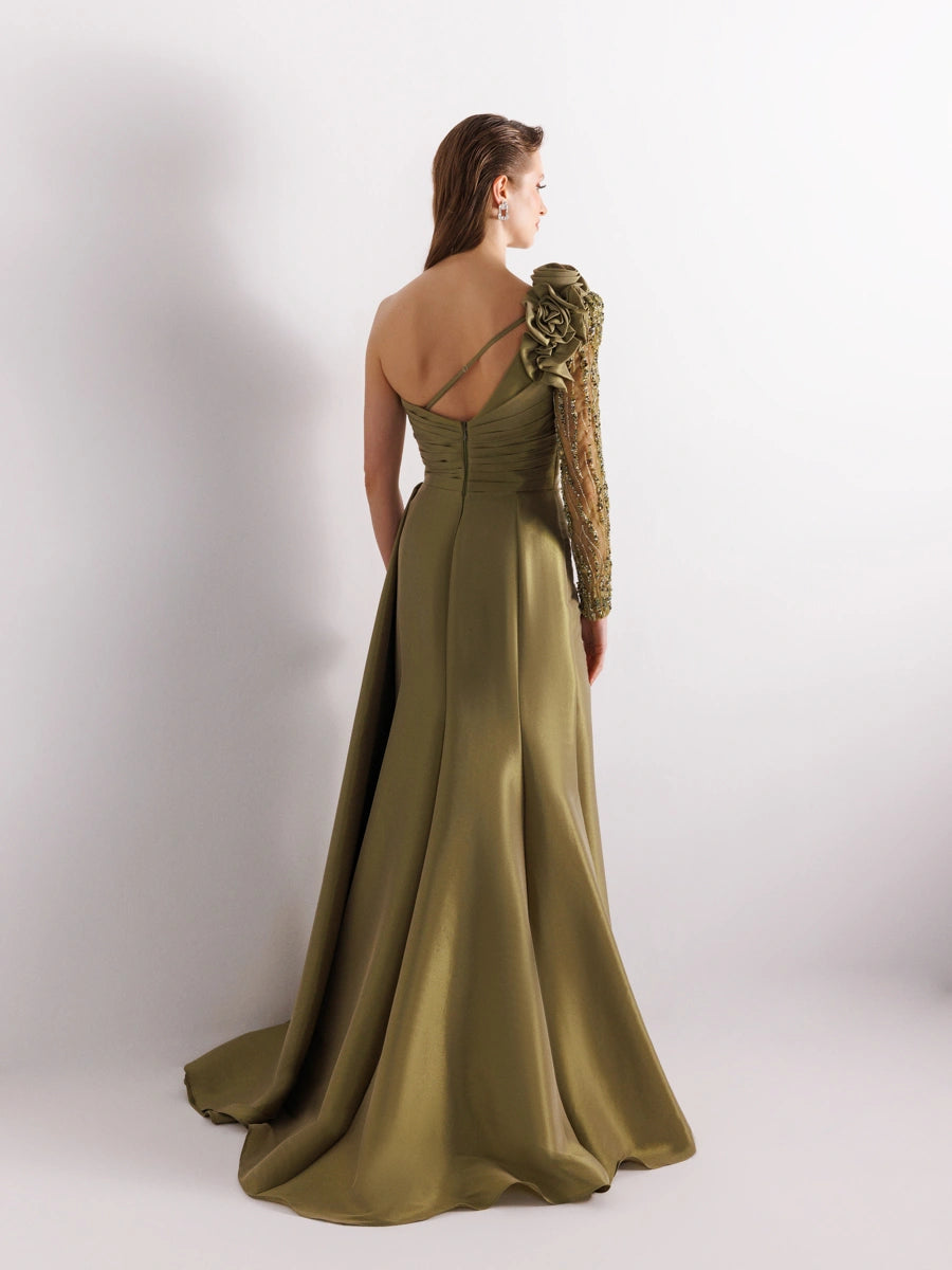 A25055-Tek Kollu Omuz Gül Detaylı Yıtmaçlı Balık Abiye Elbise