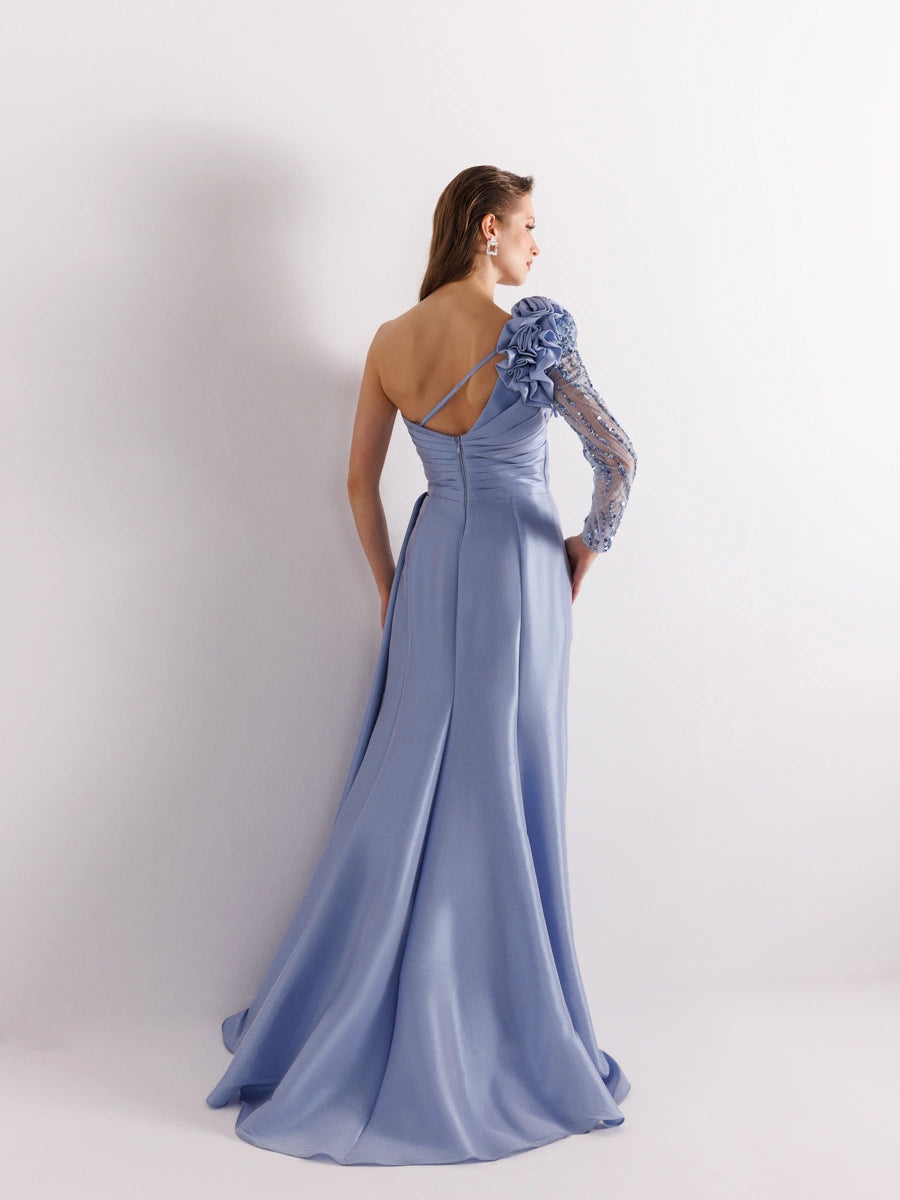 A25055-Tek Kollu Omuz Gül Detaylı Yıtmaçlı Balık Abiye Elbise