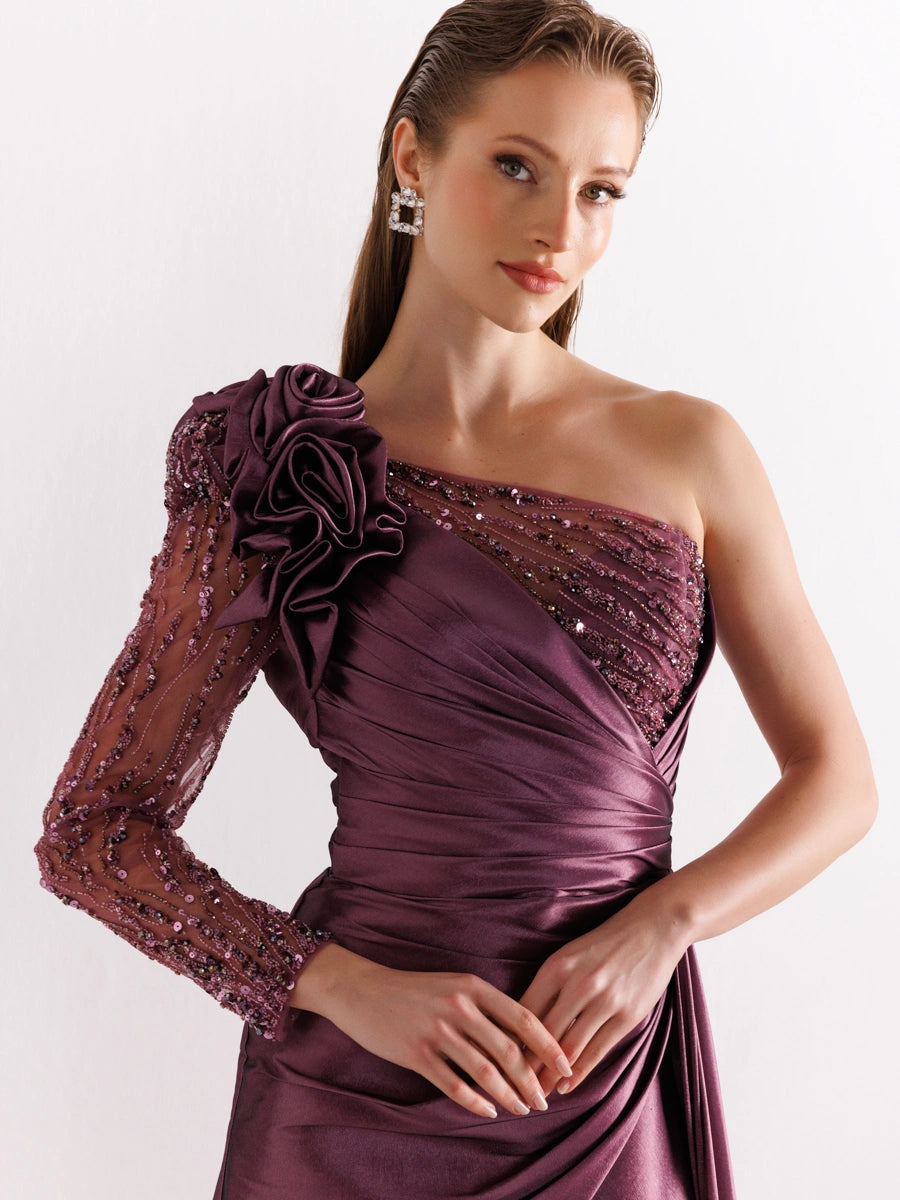 A25055-Tek Kollu Omuz Gül Detaylı Yıtmaçlı Balık Abiye Elbise