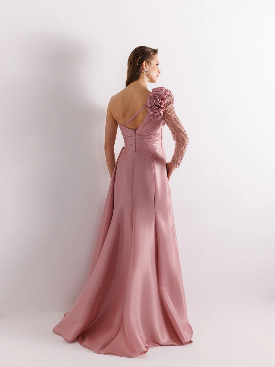 A25055-Tek Kollu Omuz Gül Detaylı Yıtmaçlı Balık Abiye Elbise