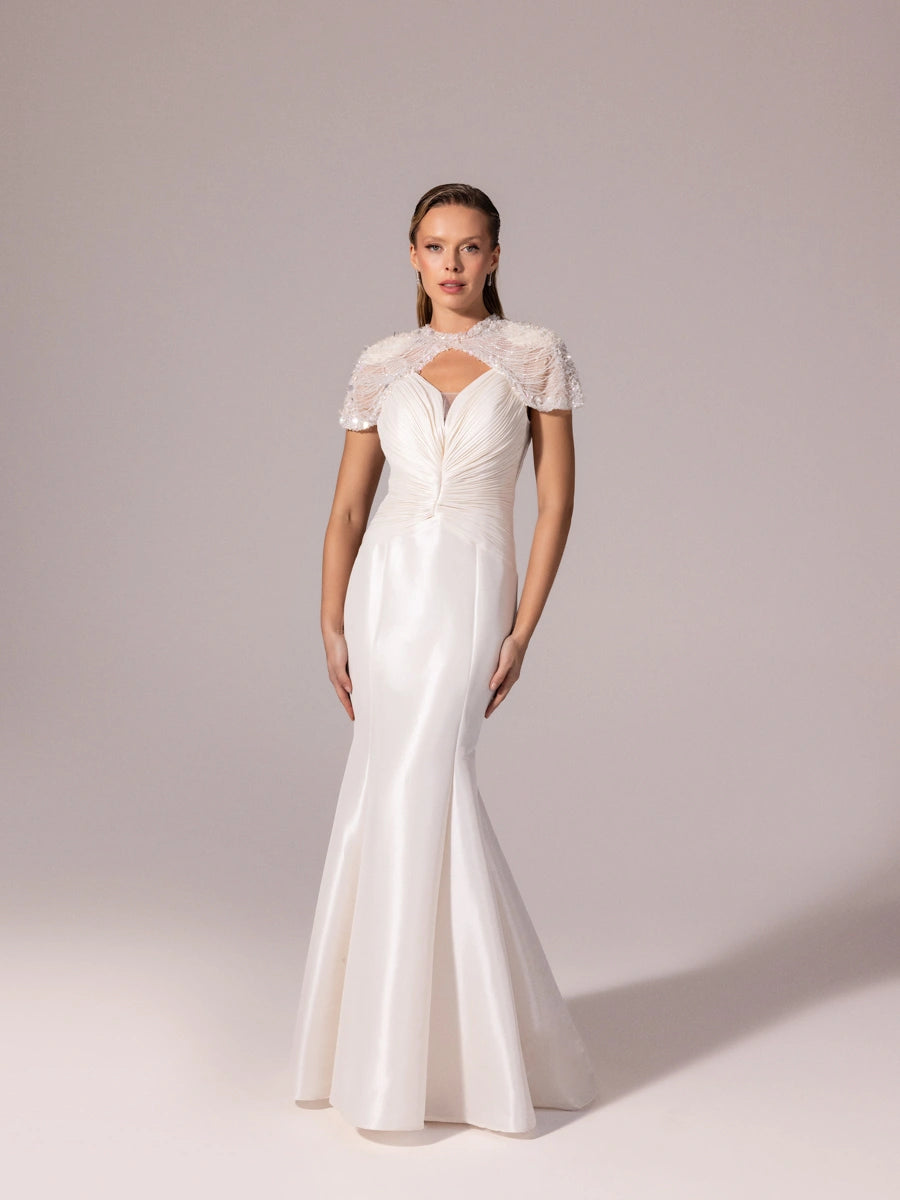 A25056-İşleme Omuz Detaylı Balık Abiye Elbise